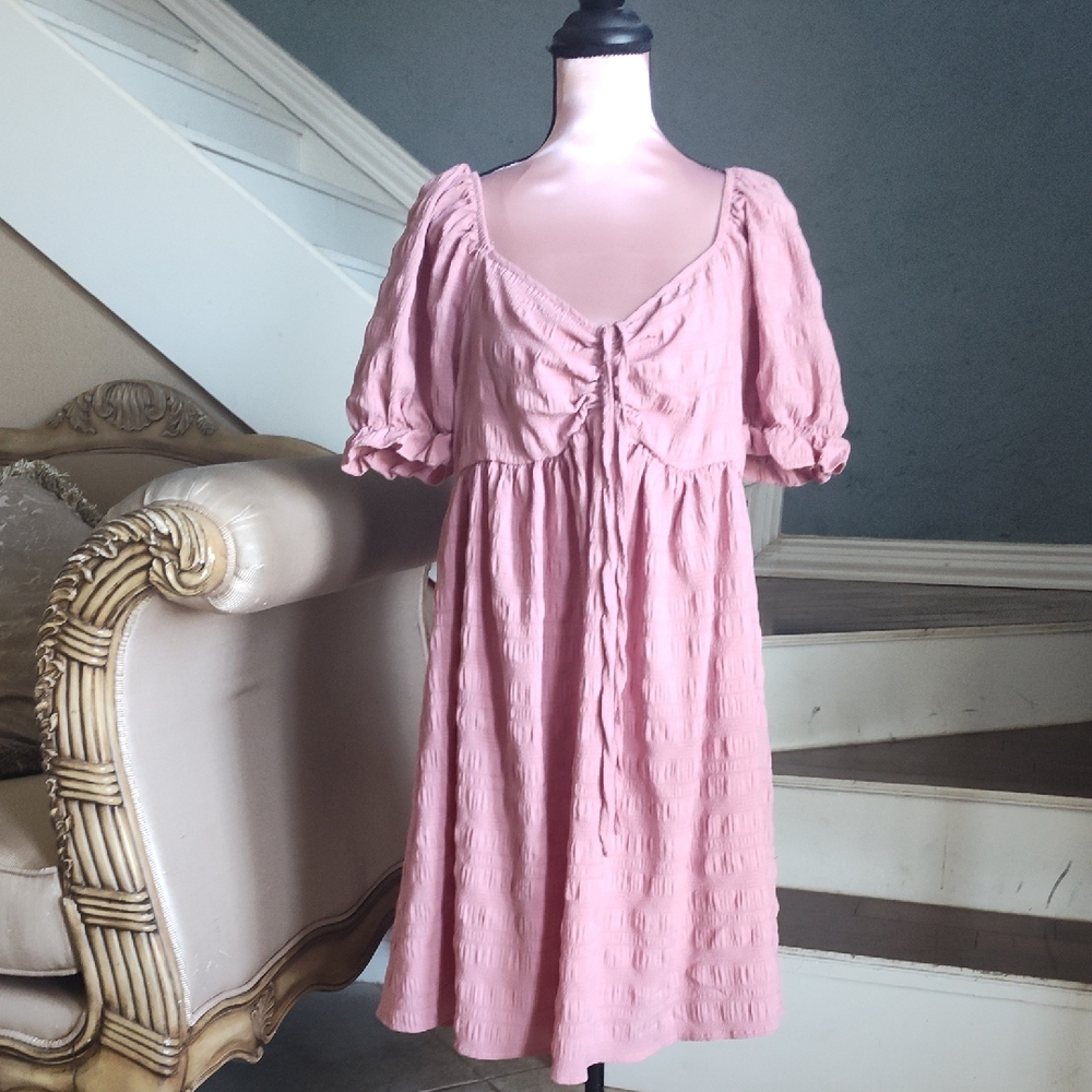 SHEIN Pink Midi Dress with Puff Sleeves